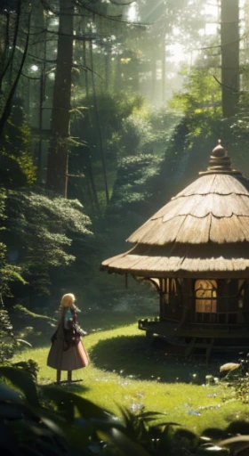 (best quality,4k,8k,highres,masterpiece:1.2),ultra-detailed,(realistic,photorealistic,photo-realistic:1.37),surreal,mysterious,strange,fantasy,sci-fi fantasy,Japanese anime,beautiful girl Alice,blonde girl,giant mushroom forest,and a cat,adventurous picnic,Alice sitting on top of a huge caramelized room, with cinematic lighting