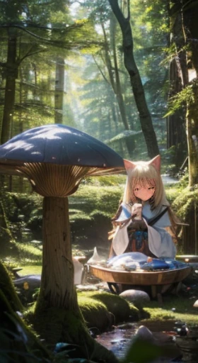 (best quality,4k,8k,highres,masterpiece:1.2),ultra-detailed,(realistic,photorealistic,photo-realistic:1.37),surreal,mysterious,strange,fantasy,sci-fi fantasy,Japanese anime,beautiful girl Alice,blonde girl,giant mushroom forest,and a cat,adventurous picnic,Alice sitting on top of a huge caramelized room, with cinematic lighting