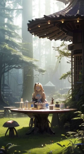 (best quality,4k,8k,highres,masterpiece:1.2),ultra-detailed,(realistic,photorealistic,photo-realistic:1.37),surreal,mysterious,strange,fantasy,sci-fi fantasy,Japanese anime,beautiful girl Alice,blonde girl,giant mushroom forest,and a cat,adventurous picnic,Alice sitting on top of a huge caramelized room, with cinematic lighting