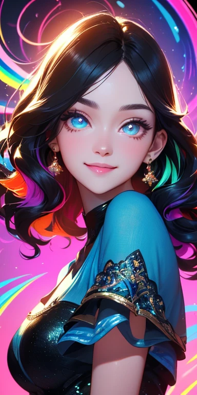 (black hair,colorful fluorescence multicolored  hair:1.5,wavy hair:1.5), (masterpiece, sidelights, exquisite beautiful eyes: 1.5), masterpiece*portrait, realistic, ((Colorful background of different colors:1.5)),(Gentle face:1.5),colorful,3D face,(cute face),front view: 1.6、 (glowing red eyes:1.2),(tareme:1.5)、(cute smile:1.5),,Slim Body, shiny hair, shiny skin: 1.5、medium breasts,、solo,(stand)、(cocktail dress:1.5)、(charactor focus:1.5、portlate、eye focus,cowboy shot)、bright atmosphere,intricatedetails