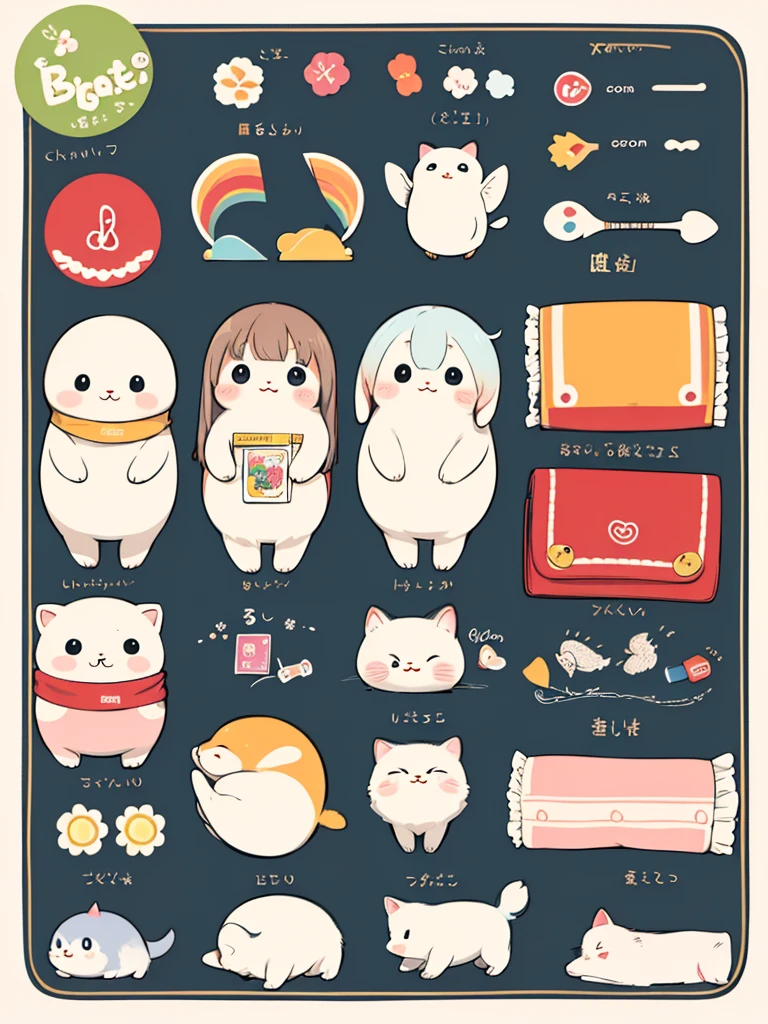 cute sticker sheet with animals and chibi characters, soft children's book illustration style, crayon coloring style, cute, kawaii, warm color scheme