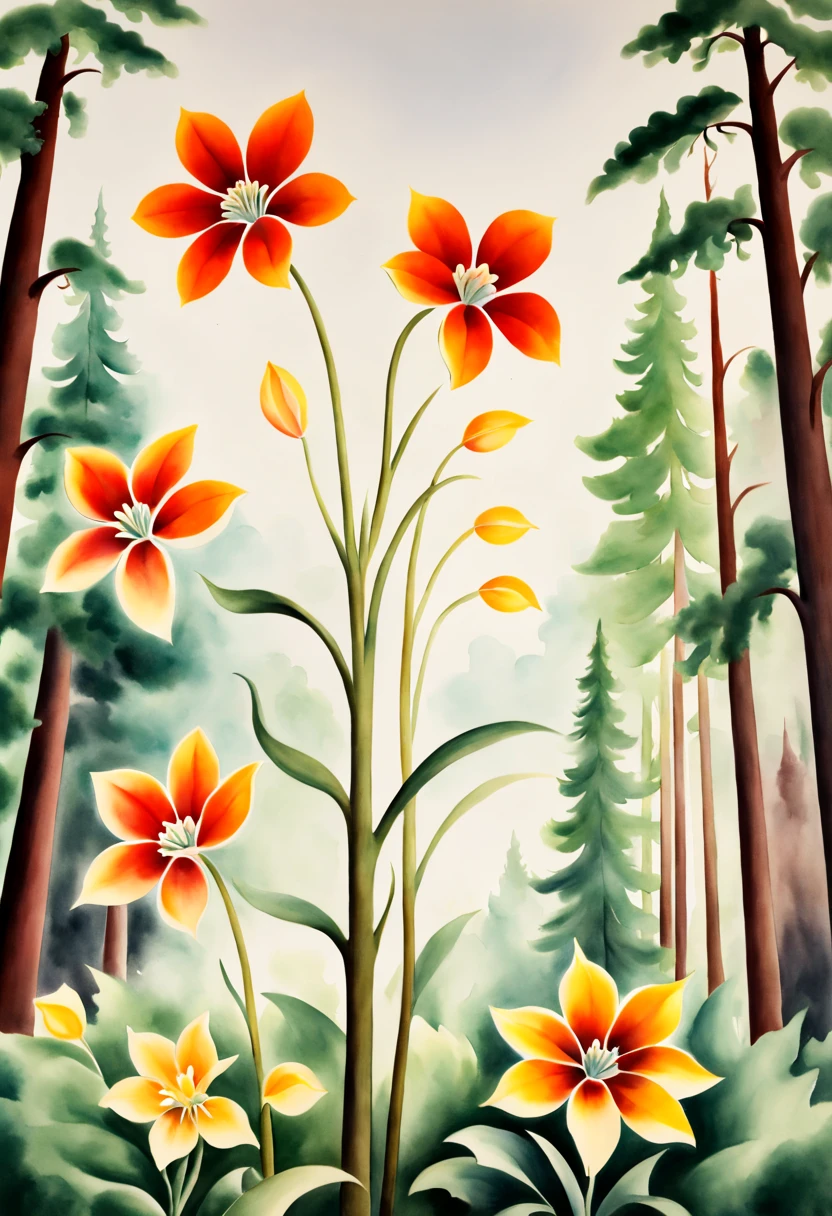 watercolor painting, flowers, forest, by Georgia O'Keeffe, best quality, masterpiece, 8k