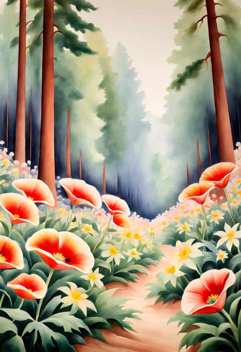 watercolor painting, flowers, forest, by Georgia O'Keeffe, best quality, masterpiece, 8k