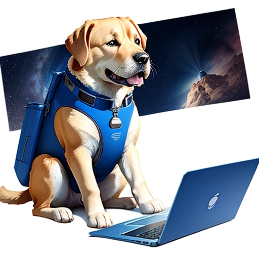 Full body happy golden labrador dog wearing blue space suit，Typing on laptop，looking at camera, White background.