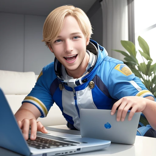 A happy golden Labrador Retriever in a blue spacesuit typing on a laptop, looking at a camera, with a white background.
Tags: happy golden Labrador Retriever, blue spacesuit, typing on a laptop, looking at a camera, white background, cheerful expression, wagging tail