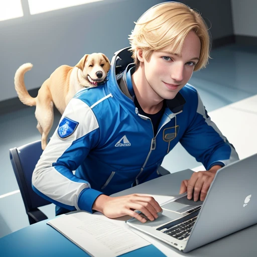A happy golden Labrador Retriever in a blue spacesuit typing on a laptop, looking at a camera, with a white background.
Tags: happy golden Labrador Retriever, blue spacesuit, typing on a laptop, looking at a camera, white background, cheerful expression, wagging tail