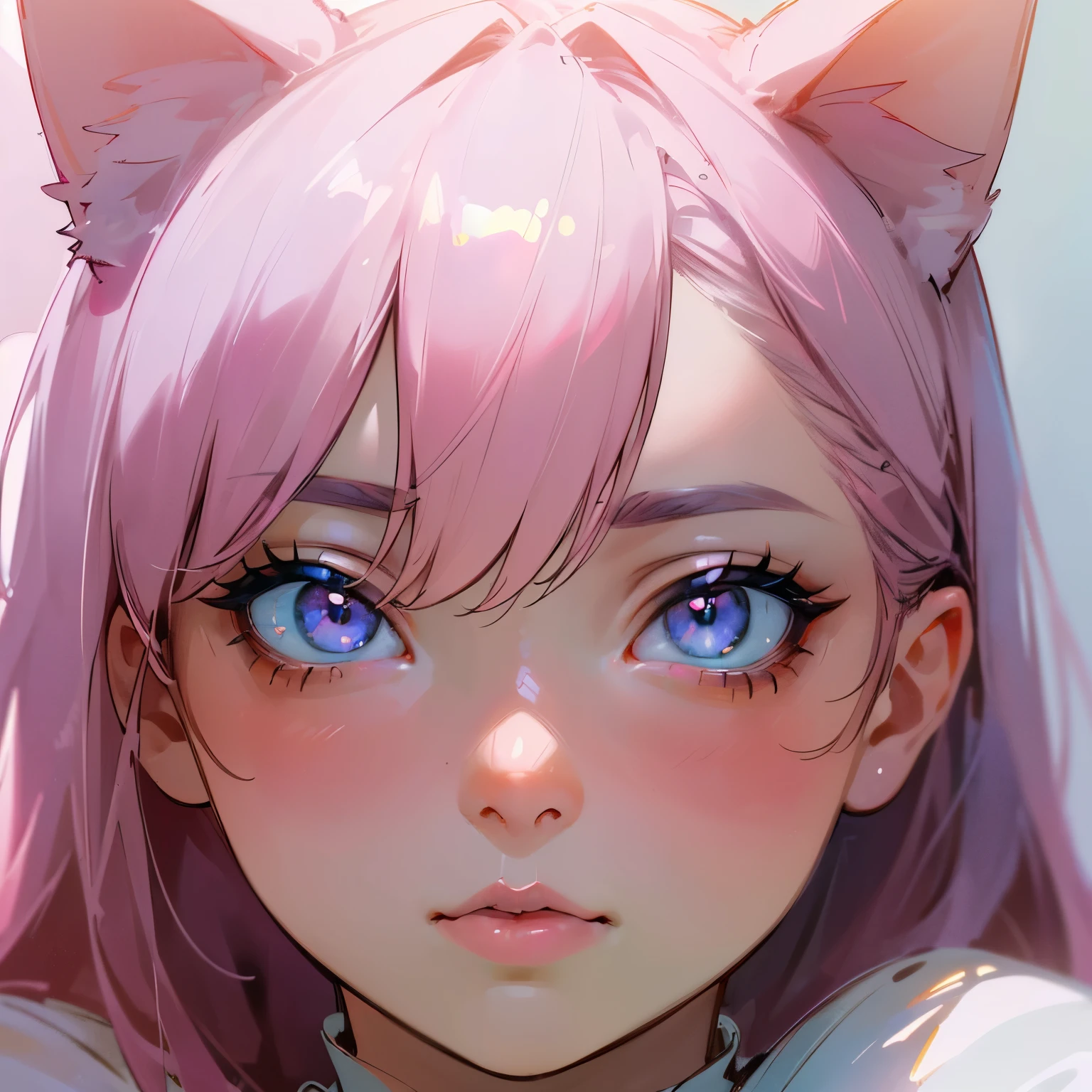 A pink-haired，cat ear，Small breasts，Be red in the face，Lying on the bed and watching you，Hanfu，blue color eyes