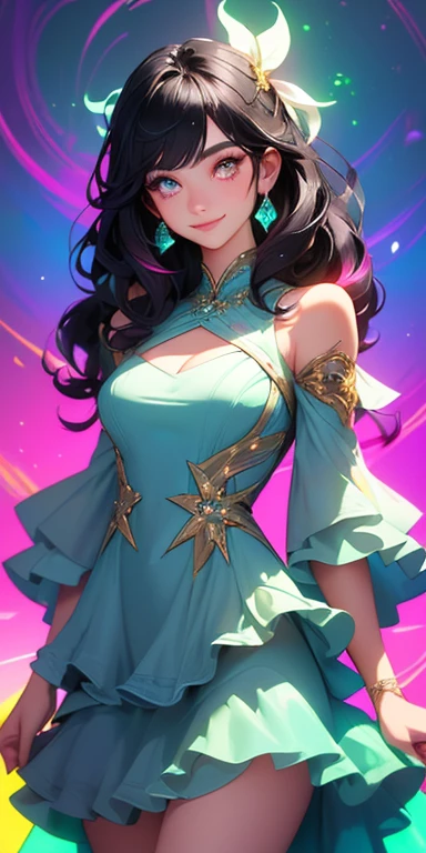 (black hair,colorful fluorescence multicolored  hair:1.5,wavy hair:1.5), (masterpiece, sidelights, exquisite beautiful eyes: 1.5), masterpiece*portrait, realistic, ((Colorful background of different colors:1.5)),(Gentle face:1.5),colorful,3D face,(cute face),front view: 1.6、 (glowing red eyes:1.2),(tareme:1.5)、(cute smile:1.5),,Slim Body, shiny hair, shiny skin: 1.5、medium breasts,、solo,(stand)、(cocktail dress:1.5)、(charactor focus:1.5、portlate、eye focus,cowboy shot)、bright atmosphere,intricatedetails