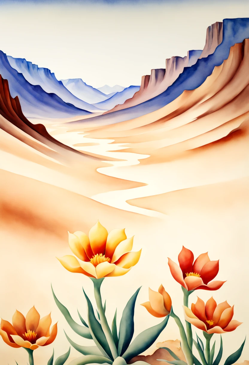 watercolor painting, Advanced flowers, mysterious, desert, by Georgia O'Keeffe, best quality, masterpiece, 8k