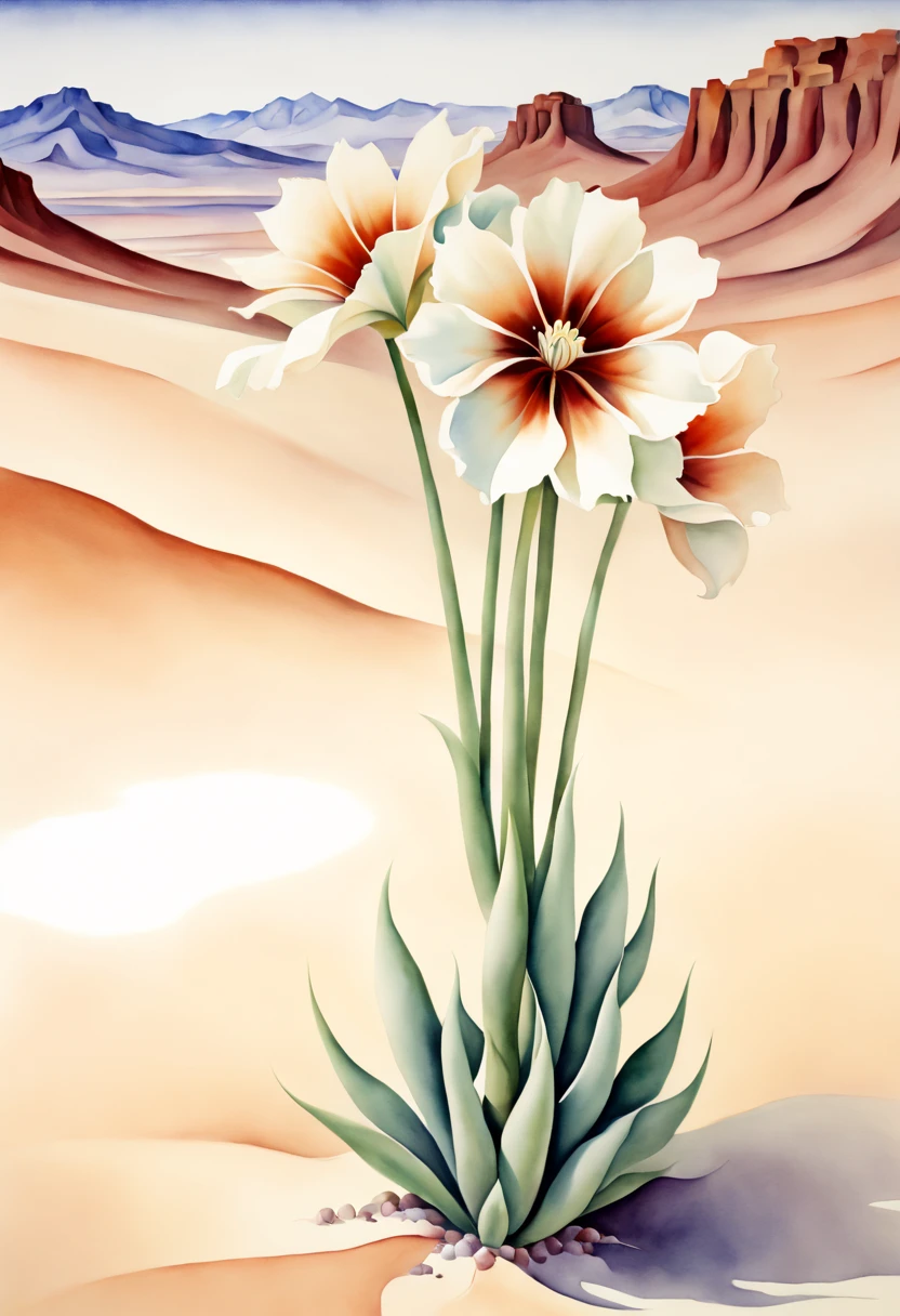 watercolor painting, Advanced flowers, mysterious, desert, by Georgia O'Keeffe, best quality, masterpiece, 8k