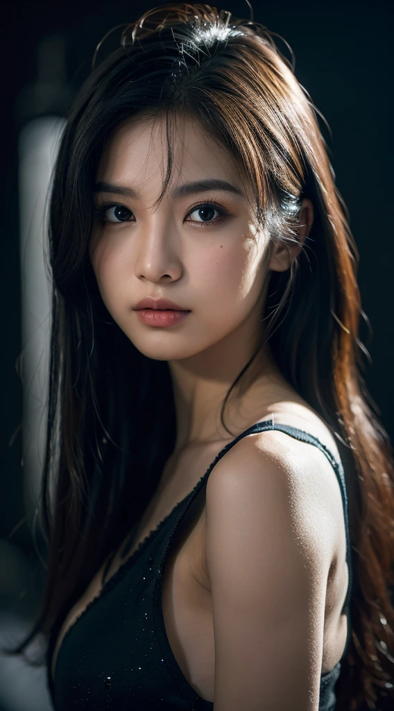 highest quality, spectacular realistic, ((in the pitch black darkness :1.4)), ((portrait:1.5)),(background: dark ) high contrast ,輝かしいphotograph, Minimum Lux, lighting face, She is comfortable, dark plain shirt, Looks unbelievable, (8K, RAWphotograph, highest quality),(spectacular realistic:1.5), woman, face,(fine eyes:0.8),(look at the camera:1.4), (highest quality), ( high contrast, deep shadow),intricate details,cinematic,((skin:1.4)), (long dark hair:1.3), long hair, Messy ,(HDR:1.5),be familiar with, color, excellent quality, ( starry sky: 1.4), masterpiece, RAWphotograph (20-year-old, looking at the viewer), beautiful, (wearing dark shirt,), perfection, nature, perfection composition, portrait, perfection face, 笑face expression, enchanting eyes, bright details, tight lips, (高いskinのディテール),, (blue tint: 0.6), (sale: 0.8), (Bloodstained: 0.7), Key lighting , (Backlight: 0.5), medium depth of field, Canon 5D, 50mm lens, f/4 aperture, (super detailed, intricate details), sharp focus, soft color, 8K, absurd, 80mm, dark background, photograph, 笑face, Pinay, Philippines, small tits