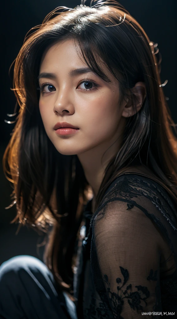 highest quality, spectacular realistic, ((in the pitch black darkness :1.4)), ((portrait:1.5)),(background: dark ) high contrast ,輝かしいphotograph, Minimum Lux, lighting face, She is comfortable, dark plain shirt, Looks unbelievable, (8K, RAWphotograph, highest quality),(spectacular realistic:1.5), woman, face,(fine eyes:0.8),(look at the camera:1.4), (highest quality), ( high contrast, deep shadow),intricate details,cinematic,((skin:1.4)), (long dark hair:1.3), long hair, Messy ,(HDR:1.5),be familiar with, color, excellent quality, ( starry sky: 1.4), masterpiece, RAWphotograph (20-year-old, looking at the viewer), beautiful, (wearing dark shirt,), perfection, nature, perfection composition, portrait, perfection face, 笑face expression, enchanting eyes, bright details, tight lips, (高いskinのディテール),, (blue tint: 0.6), (sale: 0.8), (Bloodstained: 0.7), Key lighting , (Backlight: 0.5), medium depth of field, Canon 5D, 50mm lens, f/4 aperture, (super detailed, intricate details), sharp focus, soft color, 8K, absurd, 80mm, dark background, photograph, 笑face, Pinay, Philippines, small tits