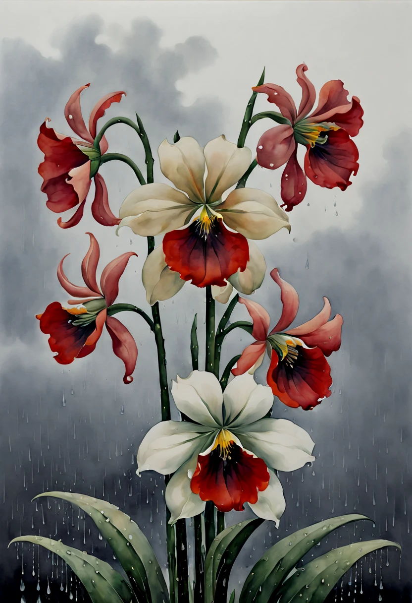 watercolor painting, Advanced flowers, mysterious, rain, by Georgia O'Keeffe, best quality, masterpiece, 8k