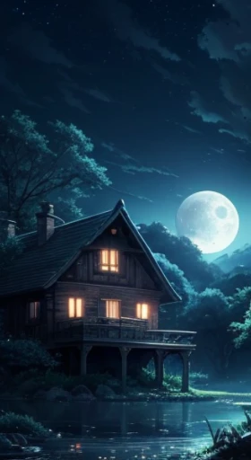 anime scenery of a house in the middle of a forest, Digital art inspired by Andreas Rocha, pixiv, fantasy art, anime background art, Night village background, anime background, anime rural scenery, anime scenery壁纸, anime scenery, beautiful anime scenery, night view, amazing wallpapers, 4k wallpaper, Very detailed, beautiful anime scene, Anime nature wallpaper, light blue and silver light, Silver Full Moon, fairy tale style, a few clouds, Image is a bit desaturated, Blu-ray, blue glowing moon