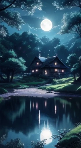anime scenery of a house in the middle of a forest, Digital art inspired by Andreas Rocha, pixiv, fantasy art, anime background art, Night village background, anime background, anime rural scenery, anime scenery壁纸, anime scenery, beautiful anime scenery, night view, amazing wallpapers, 4k wallpaper, Very detailed, beautiful anime scene, Anime nature wallpaper, light blue and silver light, Silver Full Moon, fairy tale style, a few clouds, Image is a bit desaturated, Blu-ray, blue glowing moon