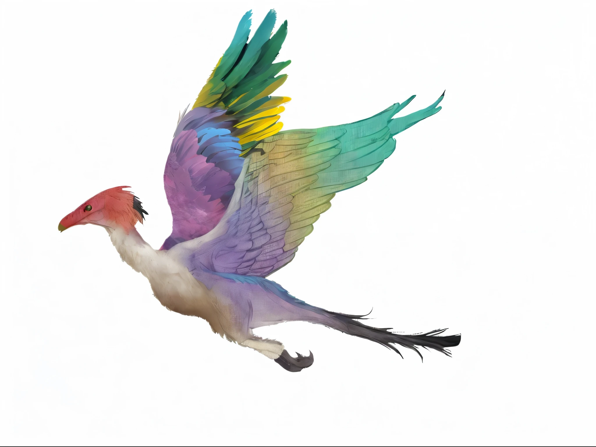 There is a bird spreading its wings and flying in the sky, Ferro, A phoenix, flying mythical beast, colorful bird,Long, offanim (Ophanim) Have bird wings, Has large wings, turaco deformed chicken, spider, Flying with a pterosaur, a spider, a surreal bird, with real wings, wingspan style,(best quality, 32K high dynamic range:1.2), Super detailed, actual golden armor, PlayStation 5 Graphics, 32K high dynamic range