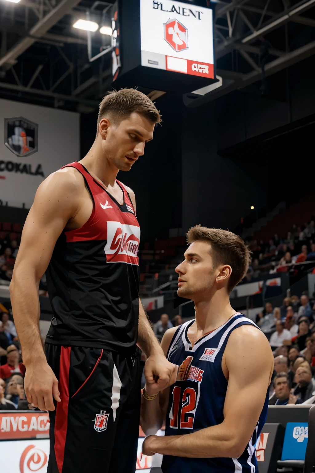 a crazy and incredible tall German basketball player stands next to a short male gymnast