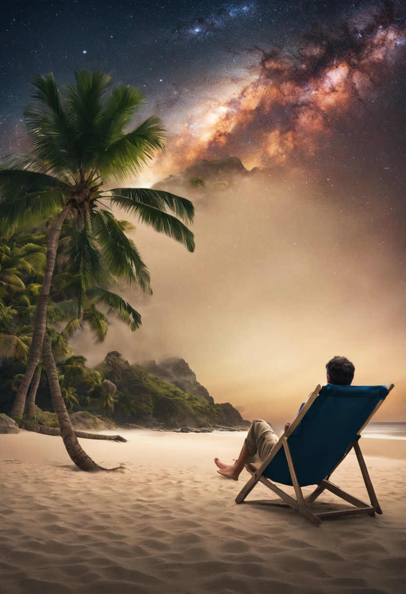 A man sitting on the beach chair at the tropical beach, milky way at sky, realistic photographic,