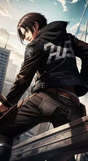 best quality, masterpiece, (actual: 1.2), 1 person, Ellen Jaeger, black jeans, black pants, brown hair, attack on titan, cold background, black jacket, slim, HD, high quality, black clothes