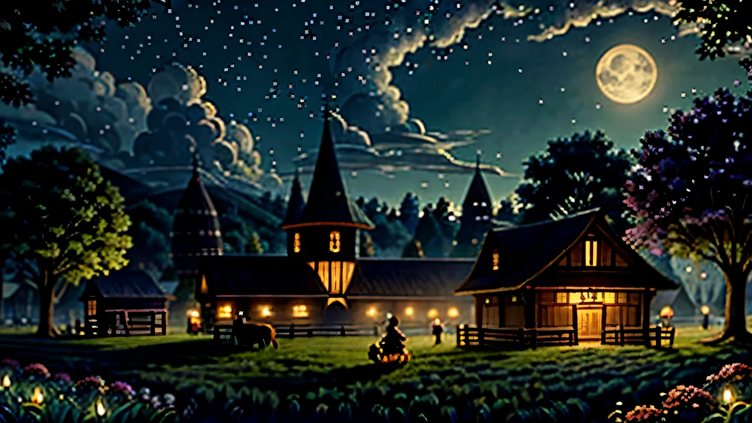 Vibrant farm fantasy illustration portraying a lively harvest festival in a magical realm, with fantastical creatures participating in the festivities. In the style of concept artist Cory Loftis, use a digital medium to convey the dynamic energy of the celebration and the diverse personalities of the enchanted attendees. Illuminate the scene with a mix of natural moonlight and magical lanterns, creating a rich and colorful nighttime palette. Opt for a Wacom Intuos Pro and Clip Studio Paint for precise detailing, crafting a composition that captures the joy and enchantment of this farm fantasy harvest festival.