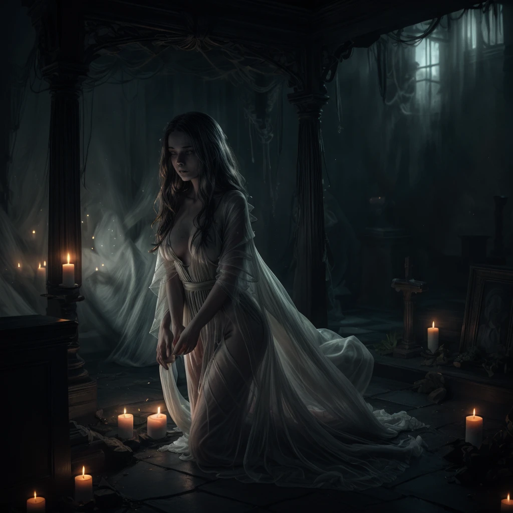 (a ghostly, ethereal, ethereal:1.ung woman with (long, floor-length) (translucent, flowing) attire, resembling a cloak. She has (very long, flowing, cascading) hair that adds to her ghostly appearance. Her face is (gaunt, pale, ghostly), with a touch of (sorrow, mystery). The atmosphere around her is (gloomy, haunting), filled with (darkness, shadows). The setting is (dimly lit, candlelit), adding to the overall (obscurity, mysteriousness). In the background, there is a (sarcophagus, tomb, cemetery), partially (exposed, open). The scene exudes an eerie ambiance, with a hint of (nsfw, sensual) undertones, as if unveiling secrets from the past.