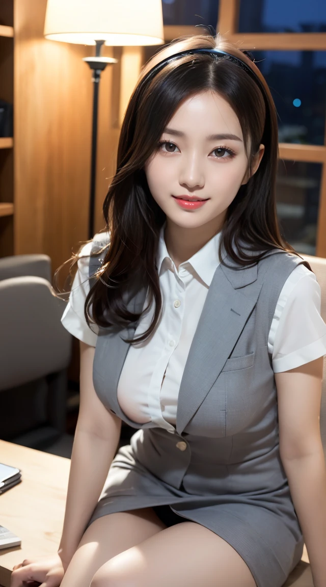 (((オフィスレディ、OL、office lady、formal clothes、shiny gray vest)))、(((horseshoe-shaped hairband)))、sexy,formal ,in the bank,vivid color panty,high heel、(((full body,including legs)))、Dressed up、(Photo real:1.4)、(A hyper-realistic:1.4)、(Photorealistic:1.3)、 (gentle lighting: 1.05)、(Improve the lighting quality of your video:0.9)、32k、 1Girl、25years old girl、photorealistic lighting、Back lighting、Facial Lights、Ray Trace、(bright:1.2)、(Increase quality:1.4)、 (best quality real texture skin)、Fair eyes,Delicate and delicate face、 (tired and sleepy and satisfied : 0.0), Close-up of the face,shiny gray vest,tight gray blouse [button gap :1.2],very tight gray shirt ,((([see through shirts:1.5], {covered nipples}))), gray mini skirt , (Bodyline mood improvement:1.1)、Glossy skin、wavy hair、韓国アイドル、乃木坂アイドル、Sculptural Idol Pose、little smile,blush,Beautiful actress、Neat woman,whole body, and spread the legs apart, small breasts,(perfect row of teeth),slender waist and hip,beautiful long legull shot)、((8heads tall)、(((誘惑している、恥ずかしい)))、random dynamic pose,(eye shadow),(red cheek、red lips),Super Clean Night View、night time、blush,little smile,(((full shot)))、a little open the legs apart、sitting down on the desk,(((in the luxury night office)))