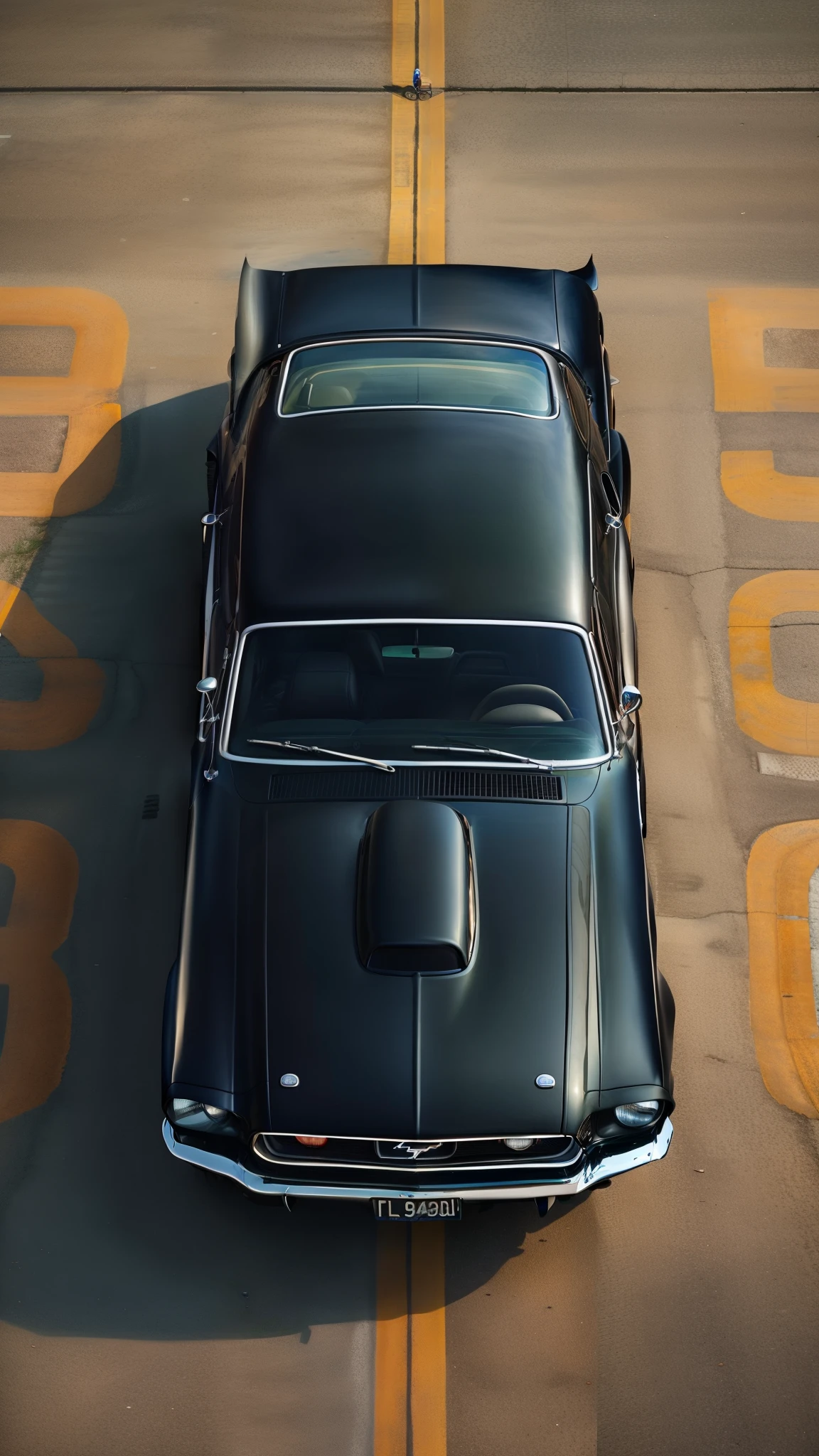 arafed view of a black car parked on a street, top down view, top down perspective, top down perspecrive, top - down perspective, topdown, top - down photograph, top-down view, top - down view, top down photo, top down shot, top down, a high angle shot, black car, mustang, automotive photography