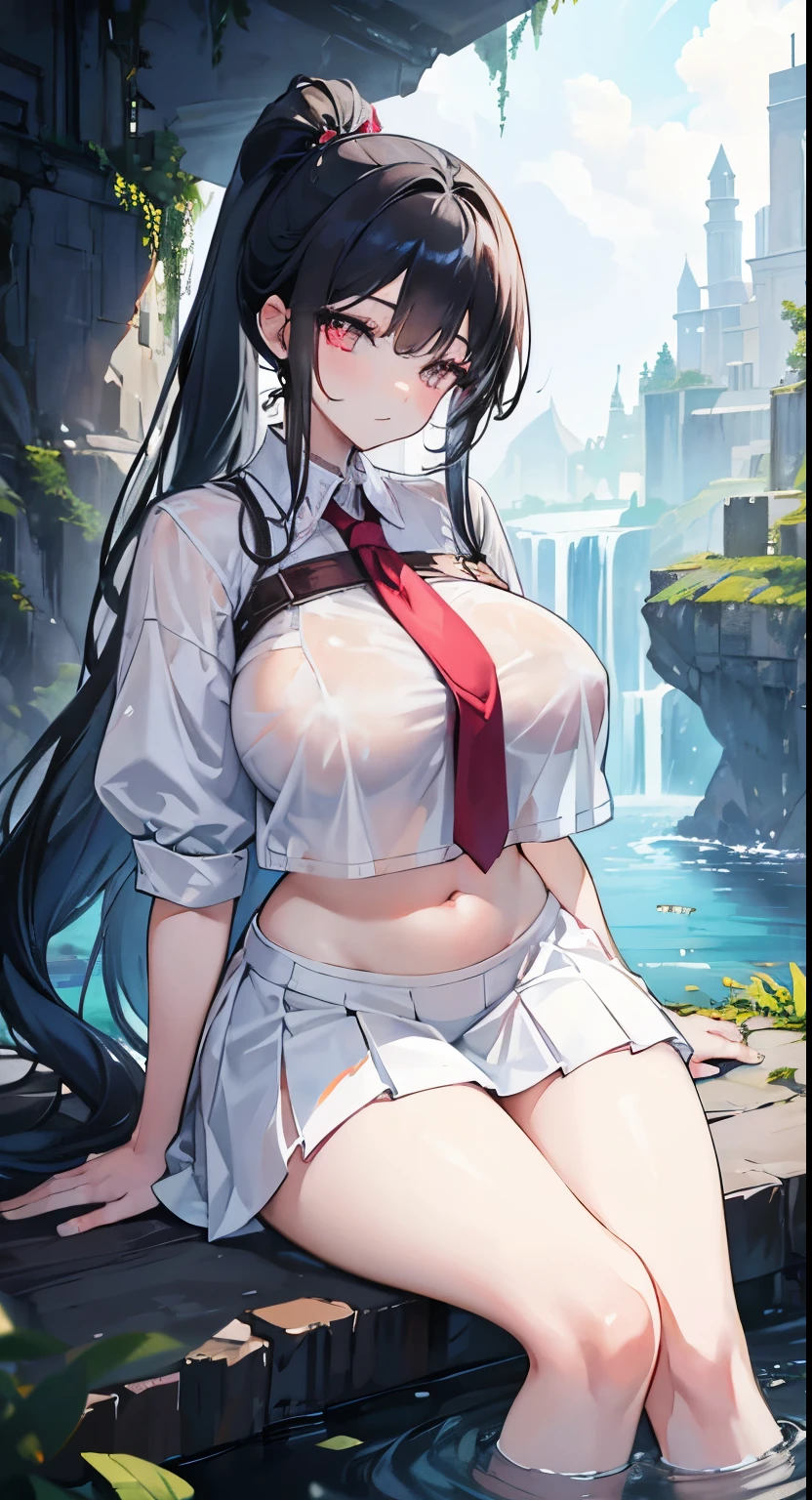 1 girl(masterpiece,top quality,best quality,official art,Beauty and aesthetics:1.2),(Pick dyeing,The main body of hair is black,Pick dyeing为蓝色和粉色:1:2),ponytail,big sister,tall figure,enchanted,enchanting,Flushed complexion,Very, very big,super gigantic breasts,breasts bigger than head,Cocked buttocks,Navel exposed,Water-soaked white transparent skirt,Transparent white shirt soaked in water