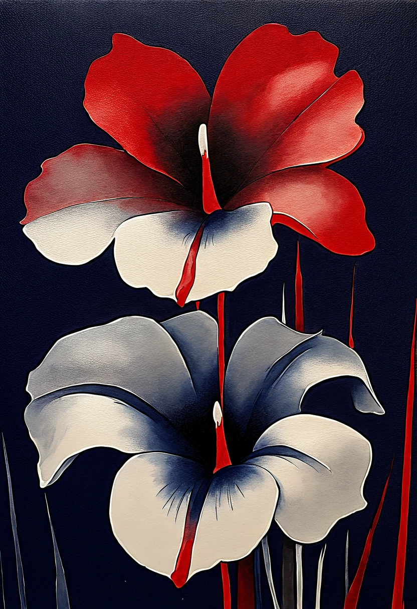 watercolor painting, Advanced flowers, Precious, rare, mysterious, rain, by Georgia O'Keeffe, best quality, masterpiece, 8k, Navy blue, scarlet red, silver, ivory