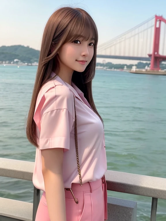 product quality, 1 girl per 1 photo, upper body shot, front view, a Japanese young pretty girl, long bob hair, wearing a marriage ring, night time, wearing a short sleeves collared pink blouse, wearing light brown pants, standing at a crowded wharf with a big smile, staring at the night view over the sea, a shoulder bag, hyper cute face, glossy lips, double eyelids for both eyes, natural makeup, shiny smooth light brown hair of long bob hair, asymmetrical bangs, tanned skin, central image, 8K resolution, high detail, detailed hairstyle, detailed face, cinematic lighting, octane rendering, hyper realistic, perfect limbs, perfect anatomy