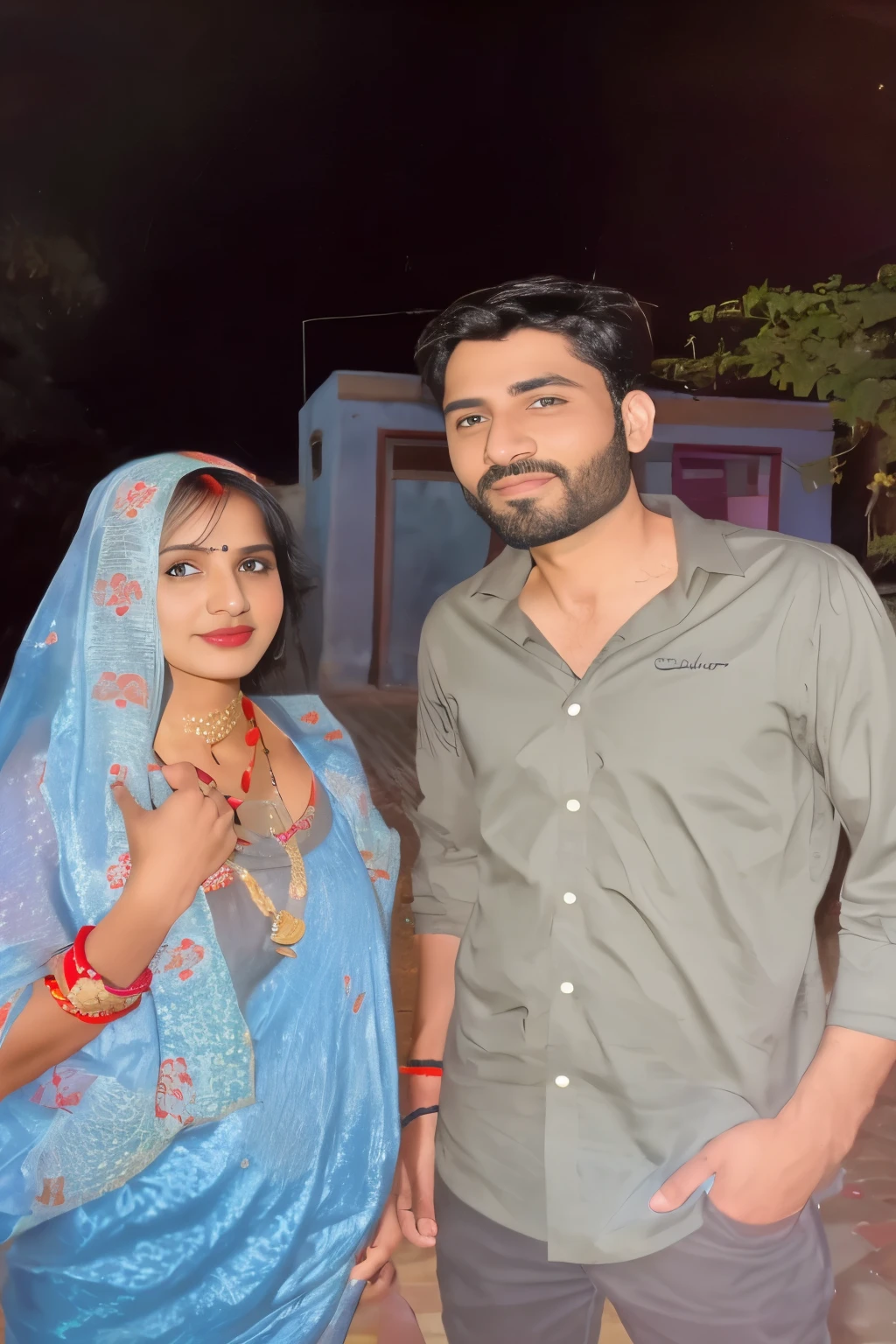 they are standing in a courtyard at night with a woman in a sari, very very beautiful, profile pic, ghutra and egal, thought-provoking, lovely couple, thought provoking, very clear picture, 4 k post, 4k post, very beautiful, with village, very very beautiful woman, very very very beautiful, very very low quality picture