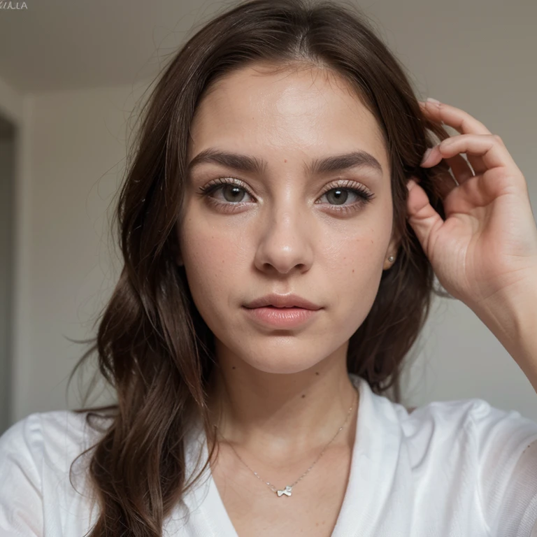 (Por favor genere una imagen de una mujer joven con una camisa y un collar.. She has brown hair, grande, ojos azules, y un sutil, look de maquillaje natural. The selfie should show you without visible makeup., and she should be looking directly at the camera.. El rostro debe parecer realista y natural.. Full body photo of this attractive woman should present an eye-catching pose., and she has piercing ojos azules. La chica tiene un comportamiento dulce., and the pose must be sweet too. Make sure the woman&#39;s entire body is visible in the image.. El fondo debe ser claro y ordenado.. Los detalles de la imagen deben ser de alta calidad.(Mejor calidad)), ((obra maestra)), (detallado), cara perfecta