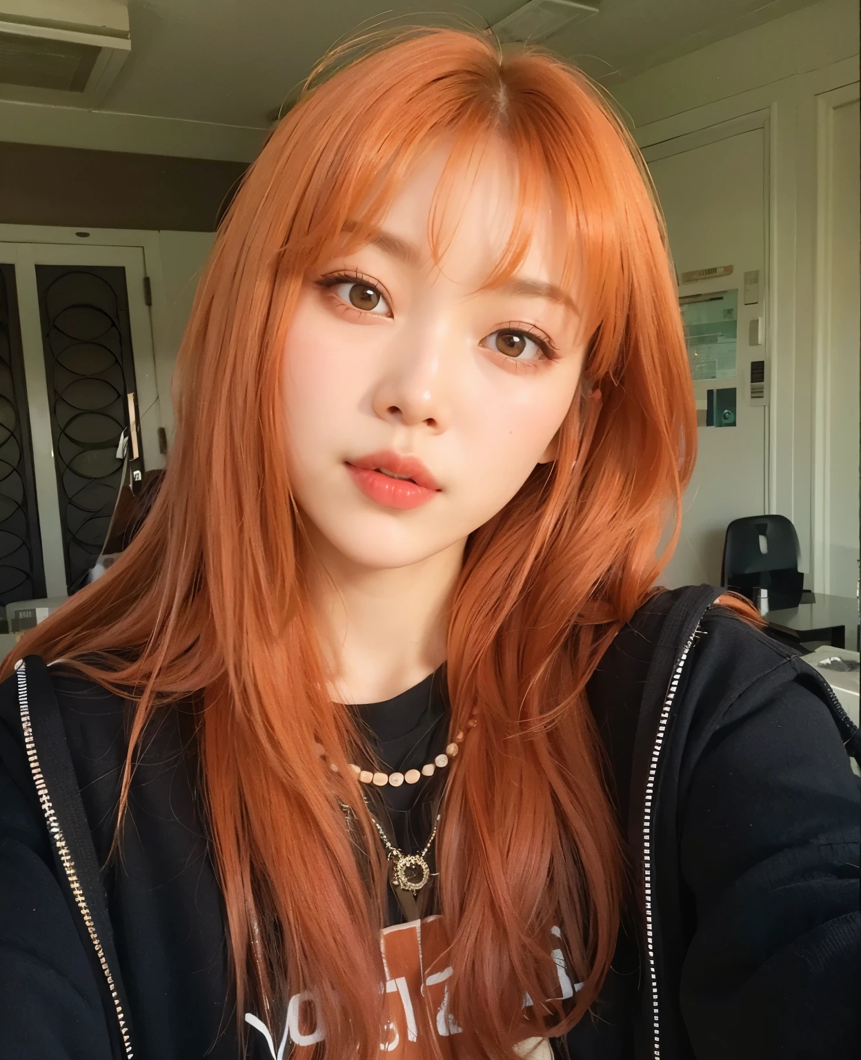 a close up of a woman with long ginger hair and a necklace, lalisa manobal, sun yunjoo, lalisa manoban of blackpink, she has long redorange hair, she has long orange brown hair, with bangs, jossi of blackpink, ulzzang, with full bangs, orange hair, roseanne park of blackpink, long orange hair, joy red velvet