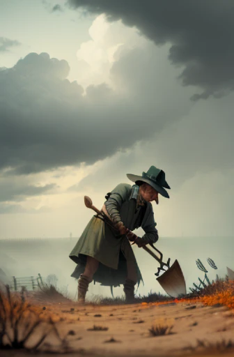 Gravedigger digging grave with shovel, Autumn weather, cloudy, FOG, crawl, 1600s