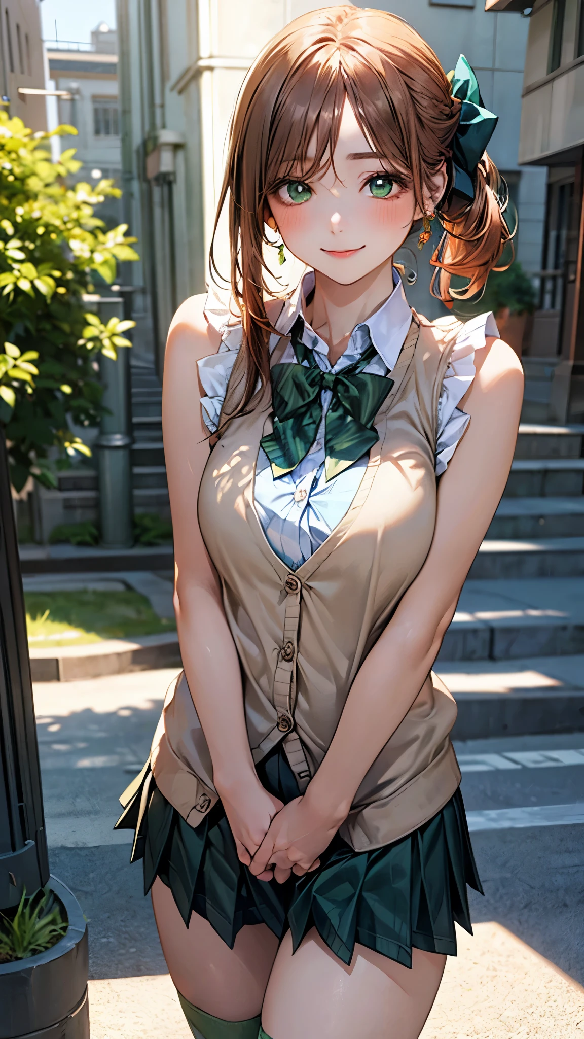 (masterpiece:1.2, top-quality), (realistic, photorealistic:1.4), beautiful illustration, (natural side lighting, movie lighting), 
looking at viewer, cowboy shot, front view:0.6, 1 girl, japanese, high school girl, perfect face, cute and symmetrical face, shiny skin, 
(middle hair:1.5, half updo:1.4, sidelocks, orange hair), parted bangs, emerald green eyes, long eye lasher, (large breasts:0.9, thick thighs), 
beautiful hair, beautiful face, beautiful detailed eyes, beautiful clavicle, beautiful body, beautiful chest, beautiful thigh, beautiful legs, beautiful fingers, 
((light blue collared shirts, green pleated mini skirt, socks, brown loafers, green bow tie, beige sleeveless cardigan)), pink panties, 
(beautiful scenery), evening, riverside, walking, hands on chest, (lovely smile, upper eyes), 