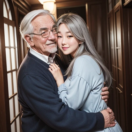 teenage girl、Elderly Man、Gray-haired man、hug a girl、Large bust、larger hips、blush、embarrassed expression、close contact、dandy、girl hugging a man、