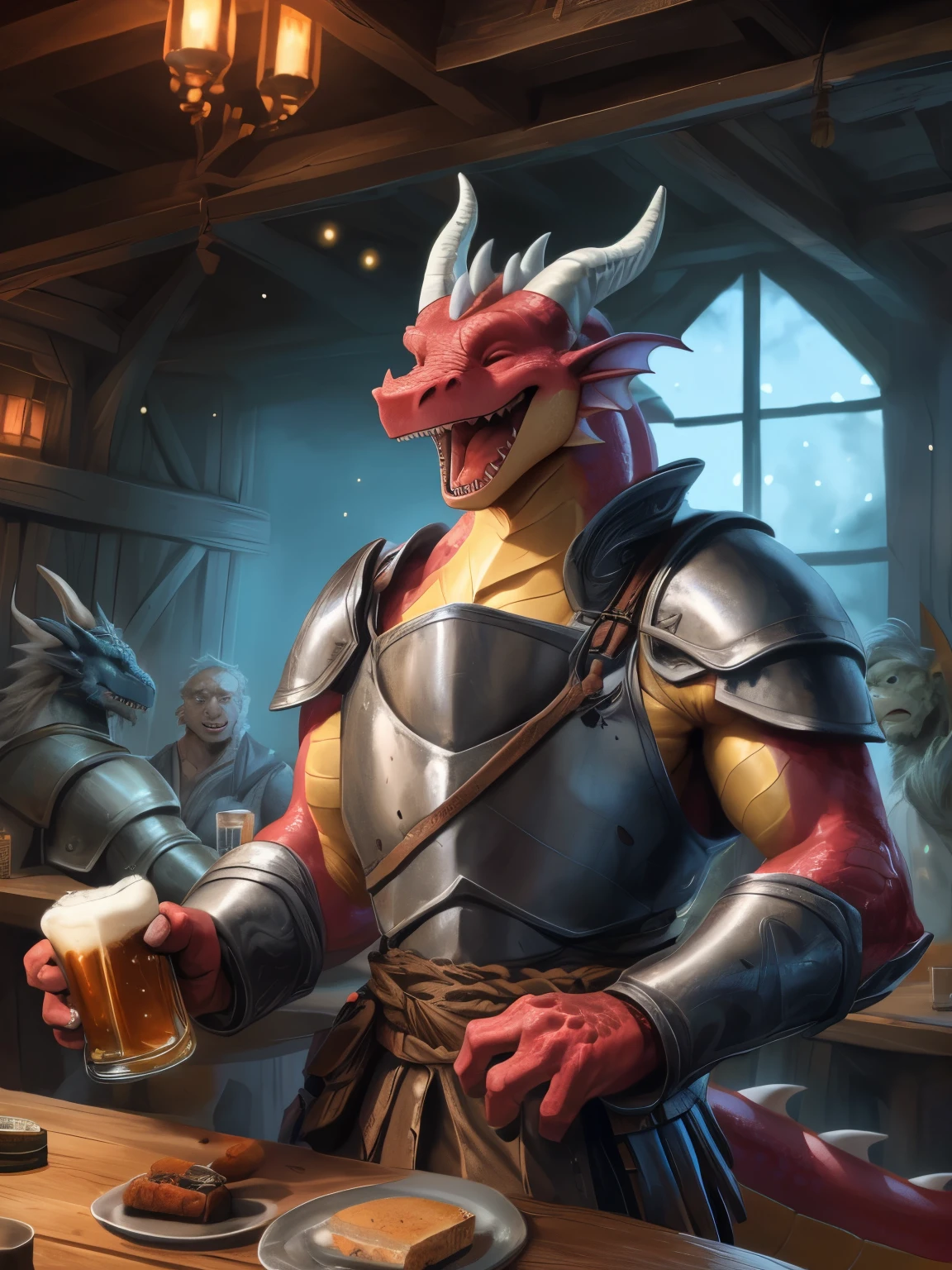 solo, male, adventurer, (male anthro dragon:1.3), (red body:1.1), yellow belly, (standing:1.3), (kemono:1.2), (tavern:1.23), heavy armor, (plate armor), (laugh:1.3), eyes closed, open mouth, beer, detailed eyes, dragon tail, horn, (bust portrait), (detailed eyes), (indoors:1.35), table, bar counter, food, dnd, crowd, (dark:1.4), (particles ,firefly, blue glowing:1.3), detailed background, 8k hd, (dark shadows, wide dynamic range, hdr, low light:1.2), by Pino Daeni, canyne khai, milkytiger1145, (bara), [dagasi, yupa]
