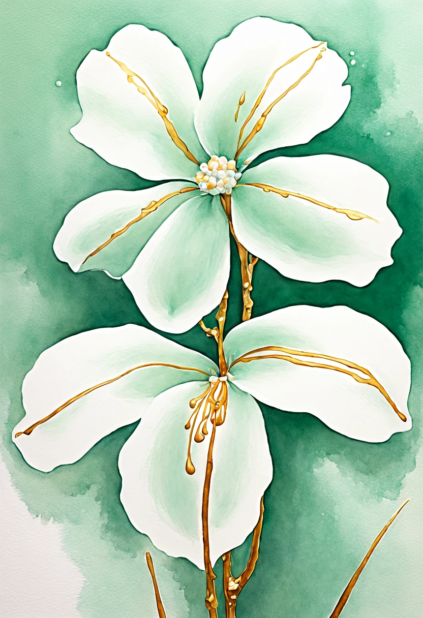 watercolor painting, Advanced flowers, Precious, rare, mysterious, rain, by Georgia O'Keeffe, best quality, masterpiece, 8k, Sugarplum, winter jade, antique gold, frosted white