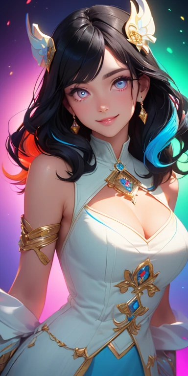 (black hair,colorful fluorescence multicolored hair:1.5,wavy hair:1.5), (masterpiece, sidelights, exquisite beautiful eyes: 1.5), masterpiece*portrait, realistic, ((Colorful background of different colors:1.5)),(Gentle face:1.5),colorful,3D face,(cute face),front view: 1.6、 (glowing red eyes:1.2),(tareme:1.5)、(cute smile:1.5),,Slim Body, shiny hair, shiny skin: 1.5、medium breasts,、solo,(stand)、(ロングドレス:1.5)、(charactor focus:1.5、portlate、eye focus,cowboy shot)、bright atmosphere,intricatedetails