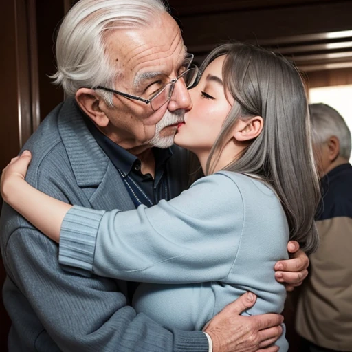 girl、Elderly Man、Gray-haired man、hug a girl、Large bust、larger hips、blush、embarrassed expression、close contact、dandy、girl hugging a man、kiss、