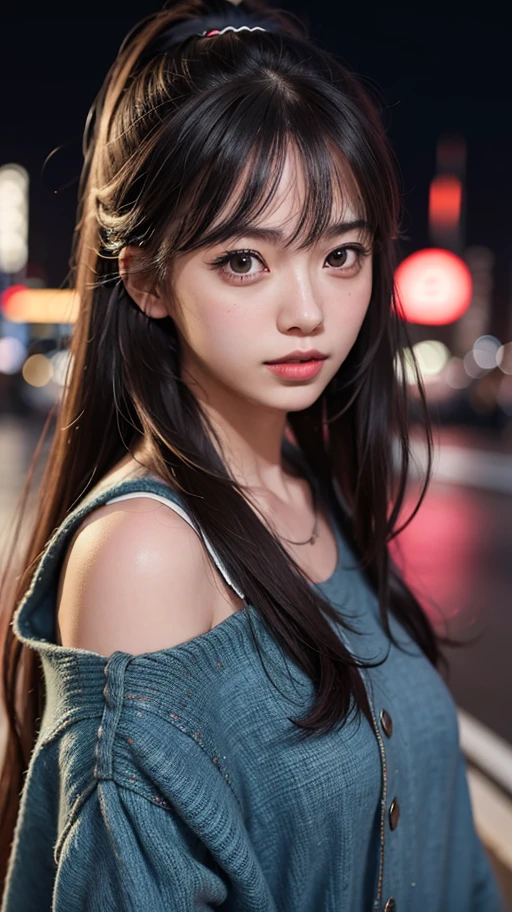 1girl, Tokyo Street, natta, view over city, City lights, The upper part of the body, closeup cleavage, 8k, RAW photos, best qualtiy, masterpiece, realisticlying, photograph realistic,underdressing,huge tit, stylish clothes