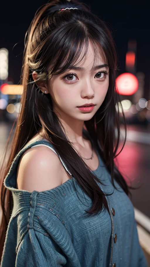 1girl, Tokyo Street, natta, view over city, City lights, The upper part of the body, closeup cleavage, 8k, RAW photos, best qualtiy, masterpiece, realisticlying, photograph realistic,underdressing,huge tit, stylish clothes