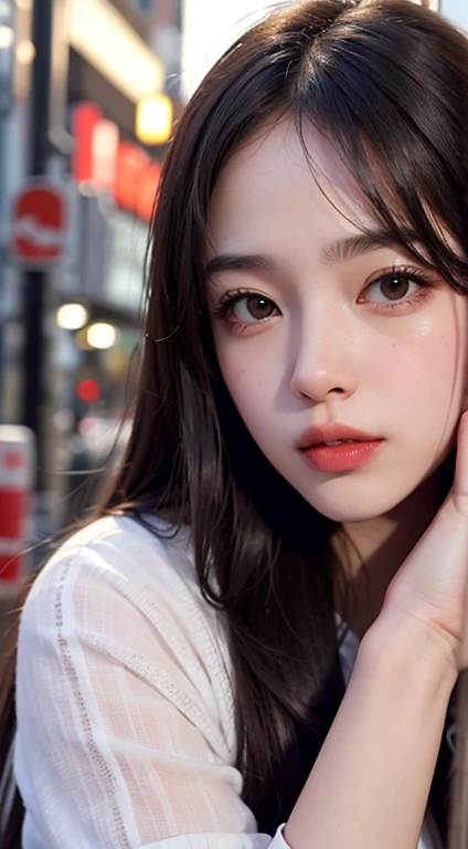 1girl, Tokyo street,night, cityscape,city lights, upper body,close-up, 8k, RAW photo, best quality, masterpiece,realistic, photo-realistic,