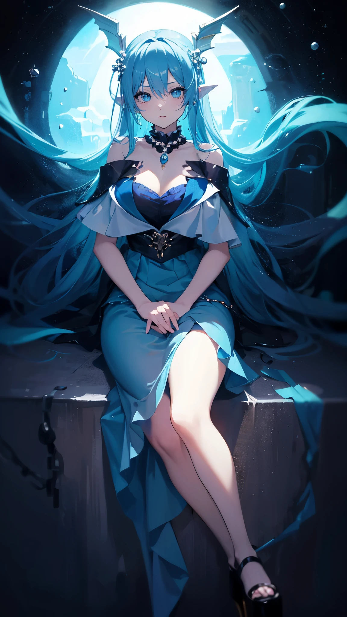 (black socks)海long blue hair,close up,dream world,Mermaid princess, 海long blue hair,sitting on an royal throne,tear nevus,Mermaid ears,(pearl head chain,necklace),necklace,Long off-the-shoulder blue dress,humanoid, Poseidon temple background, her skin is white, fair complexion,green eyes,long blue hair, Two long black stocking legs,High heel,black legs,tattoo