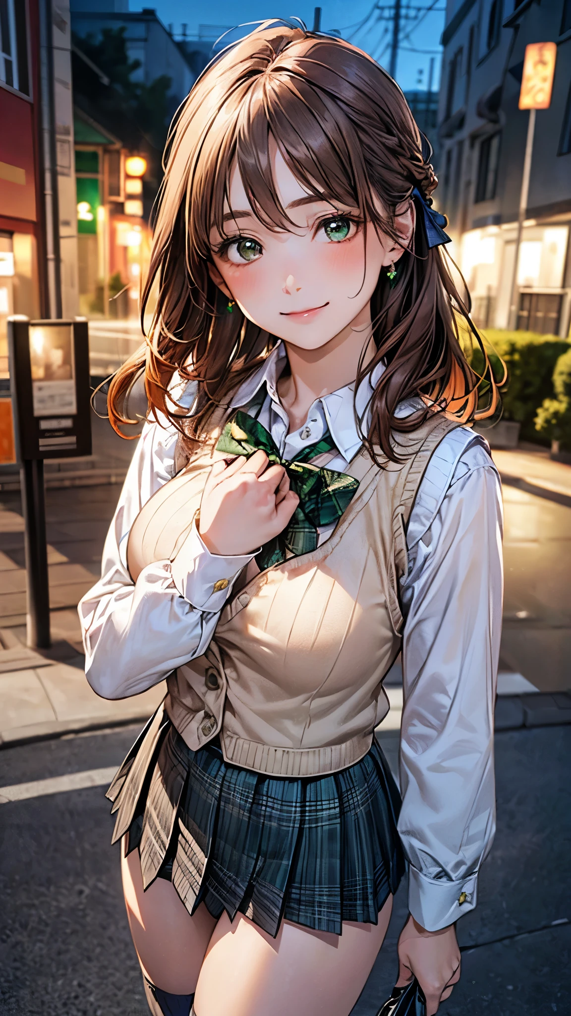 (masterpiece:1.2, top-quality), (realistic, photorealistic:1.4), beautiful illustration, (natural side lighting, movie lighting), 
looking at viewer, cowboy shot, front view:0.6, 1 girl, japanese, high school girl, perfect face, cute and symmetrical face, shiny skin, 
(middle hair:1.5, half updo:1.4, sidelocks, orange hair), parted bangs, emerald green eyes, long eye lasher, (large breasts:0.9, thick thighs), 
beautiful hair, beautiful face, beautiful detailed eyes, beautiful clavicle, beautiful body, beautiful chest, beautiful thigh, beautiful legs, beautiful fingers, 
((light blue long sleeve collared shirts, blue plaid pleated mini skirt, socks, brown loafers, emerald green bow tie, beige sleeveless knitted vest)), pink panties, 
(beautiful scenery), evening, riverside, walking, hands on chest, (lovely smile, upper eyes), 
