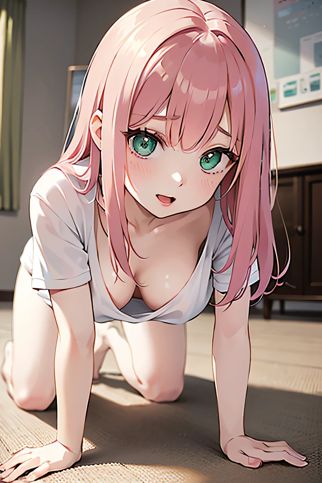 ((orgasm)),NSFW,((((get down on all fours))))、(((vagina,sex))),(((bare chest)))、I can see a glimpse of my chest through the T-shirt、A dressed girl with pink hair and green eyes is lying on the bed、sex、beautiful and attractive teen、sexのスタイル、best girl、attractive girl、Cute Girl Visual、big breastsを両腕に挟んで、big breasts、Excited、embarrassing、leaking,Topless、(((excited)))