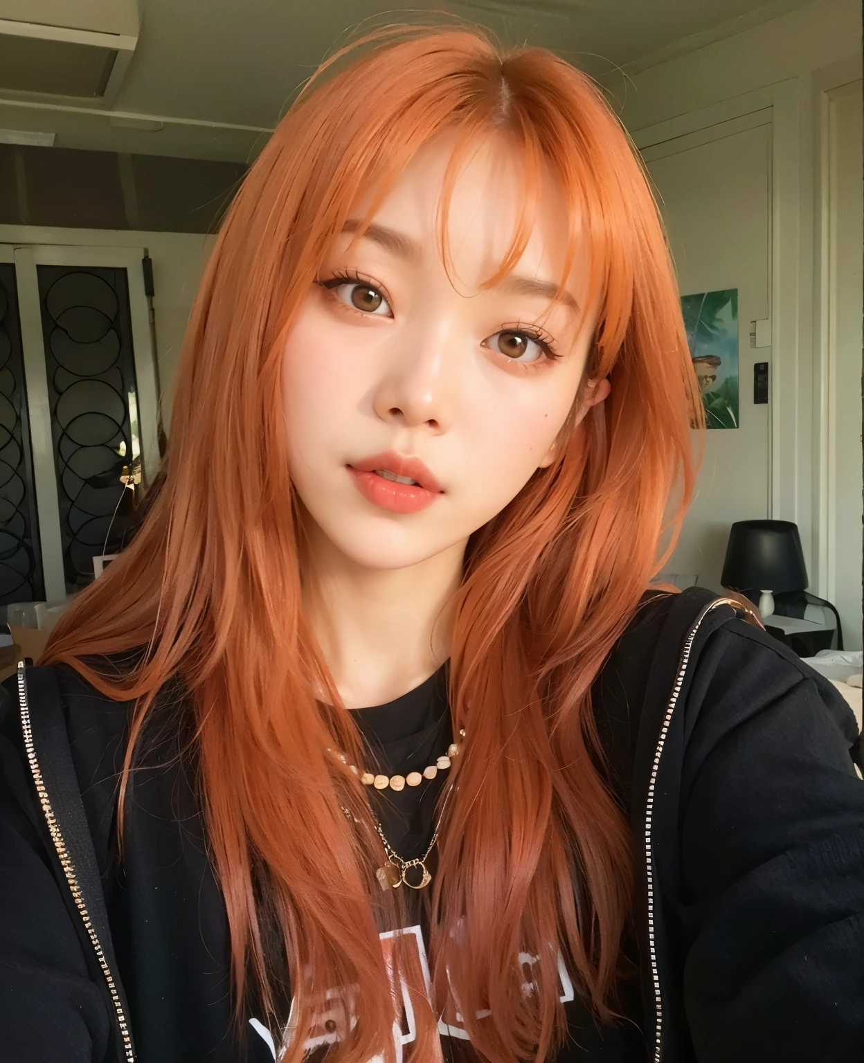 a close up of a woman with long ginger hair and a necklace, lalisa manobal, sun yunjoo, lalisa manoban of blackpink, she has long redorange hair, she has long orange brown hair, with bangs, jossi of blackpink, ulzzang, with full bangs, orange hair, roseanne park of blackpink, long orange hair, joy red velvet