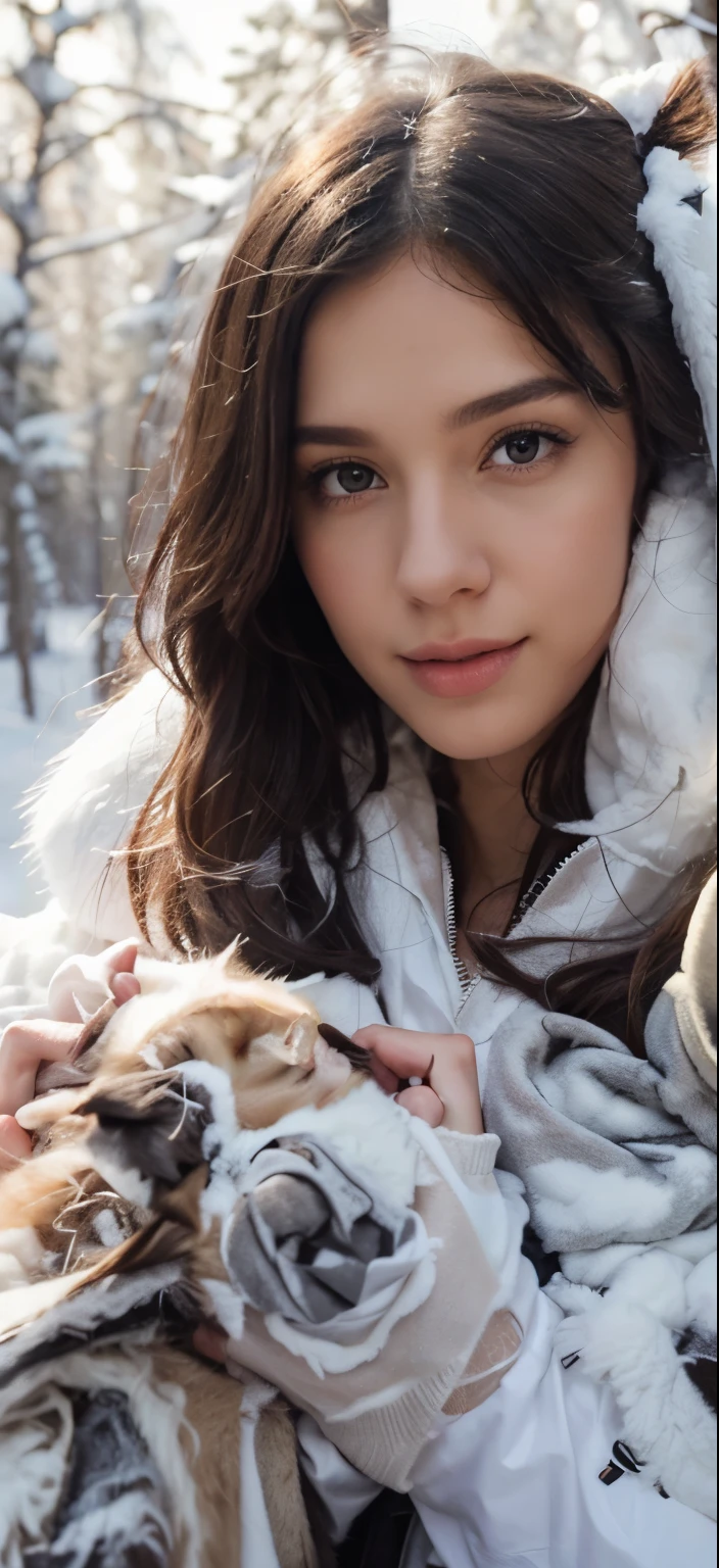 A girl in a fluffy white fur coat against the backdrop of a winter forest, Photo, photorealistic