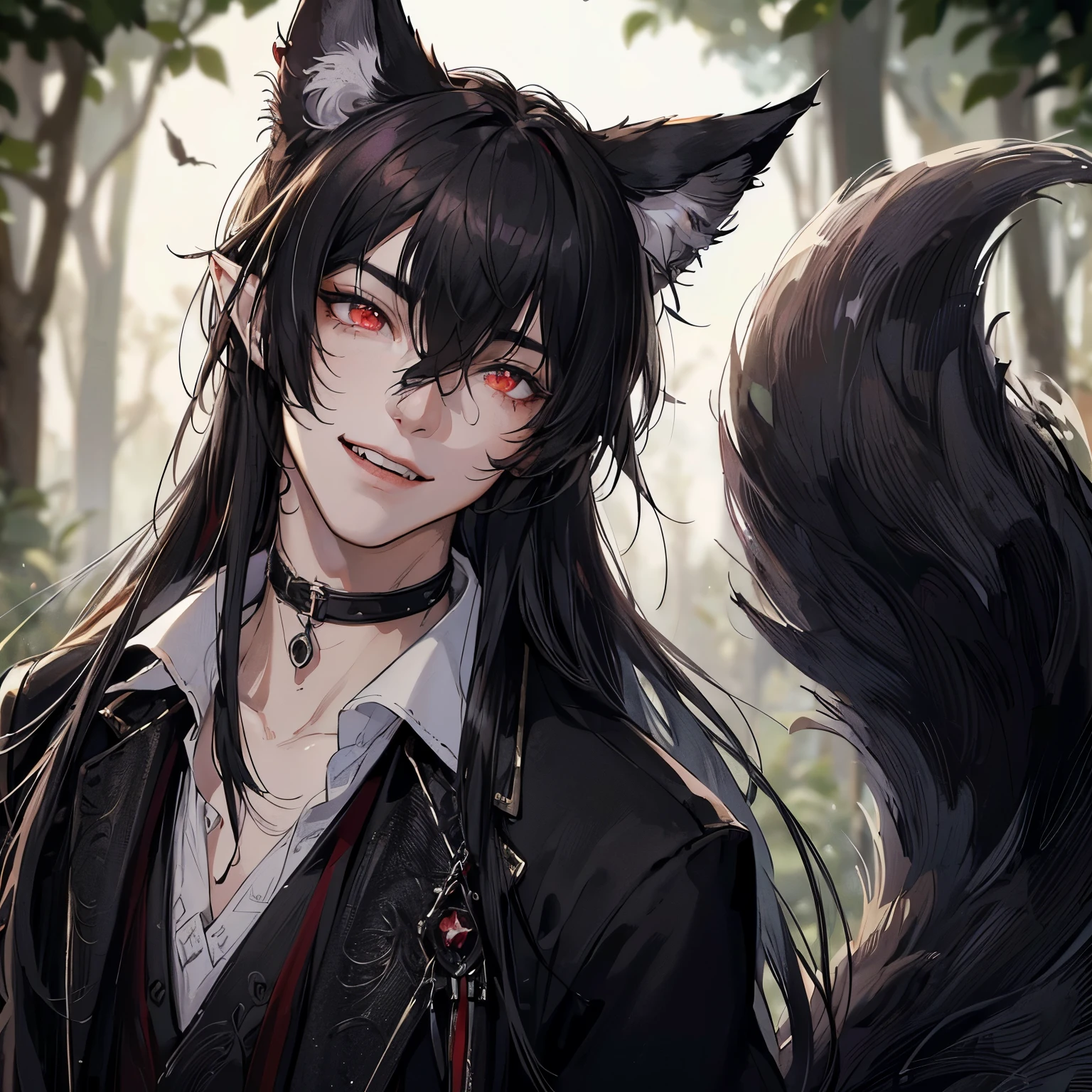 Boy with cat ears, 18 years old, ((black fox tail)), ((vampire teeth)), ((highest quality, masterpiece, 4k, finely detailed, detailed eyes, detailed face, intricate details)), warm lighting, idol, super idol, super model ((solo)), 1 male, (handsome, masculine, adult man, broad shoulders), ((black hair, messy hair, long hair, bangs)), light skin, sharp features, (elf ears), (medieval clothes)), (black cat ears)), ((sharp eyes, red eye color, Sadistic smile expression, looking at viewer)), (florest with tree background)), ((day))