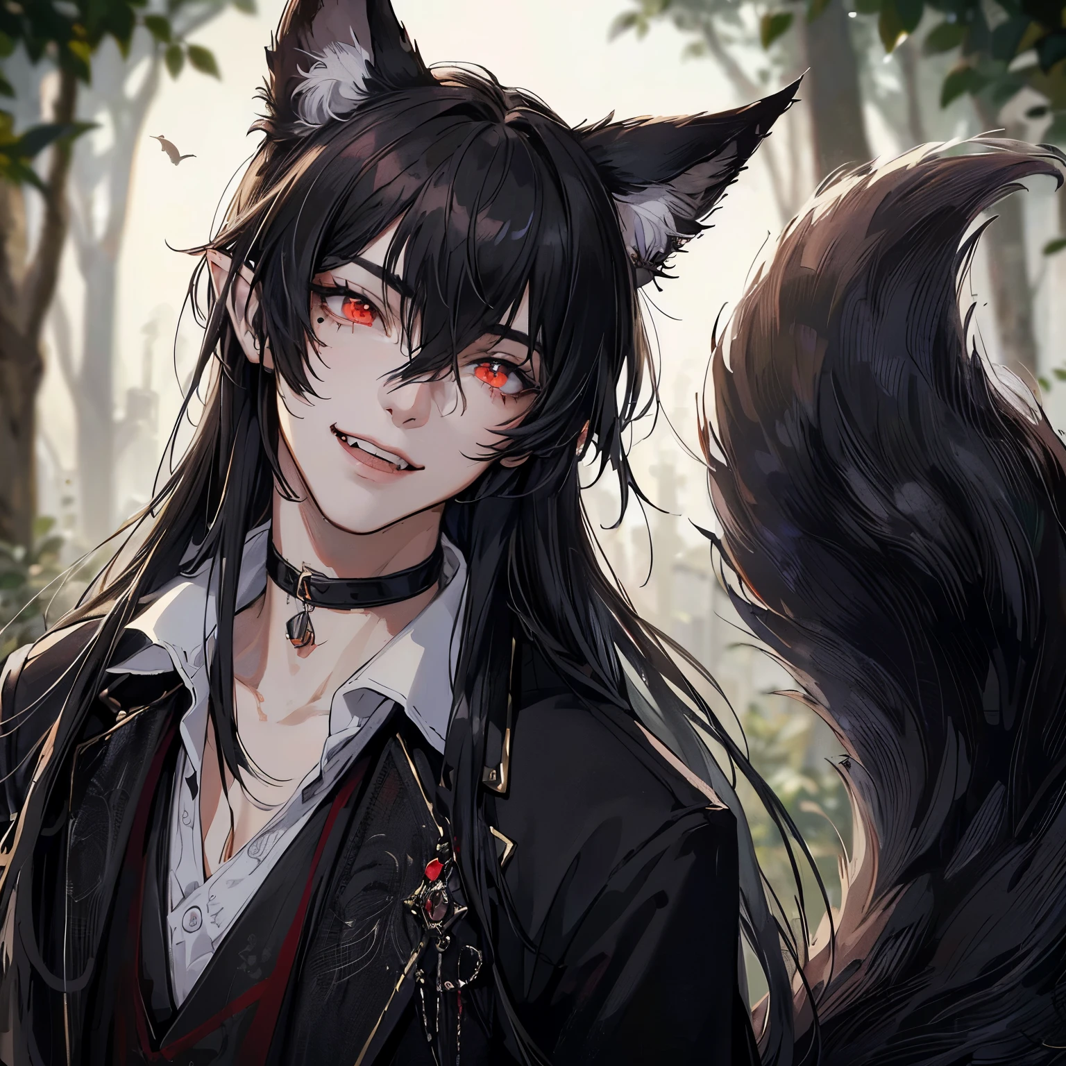 Boy with cat ears, 18 years old, ((black fox tail)), ((vampire teeth)), ((highest quality, masterpiece, 4k, finely detailed, detailed eyes, detailed face, intricate details)), warm lighting, idol, super idol, super model ((solo)), 1 male, (handsome, masculine, adult man, broad shoulders), ((black hair, messy hair, long hair, bangs)), light skin, sharp features, (elf ears), (medieval clothes)), (black cat ears)), ((sharp eyes, red eye color, Sadistic smile expression, looking at viewer)), (florest with tree background)), ((day))
